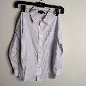 Vintage Akademiks Boys 8 White Blue Striped Button Down Long‎ Sleeve Dress Shirt